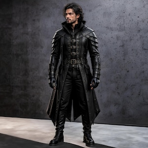 Black leather hooded warrior armor coat, dark gothic medieval fantasy outfit. Long silhouette with layered shoulder panels, attached hood, adjustable front buckles, detailed forearm sections, and full-length design. Genuine black leather, handmade, solid black color. Perfect for LARP, Renaissance fairs, Halloween cosplay, medieval festivals, photoshoots, stage performances, and themed events. Unisex medieval inspired warrior armor coat with strong tactical and fantasy warrior look.