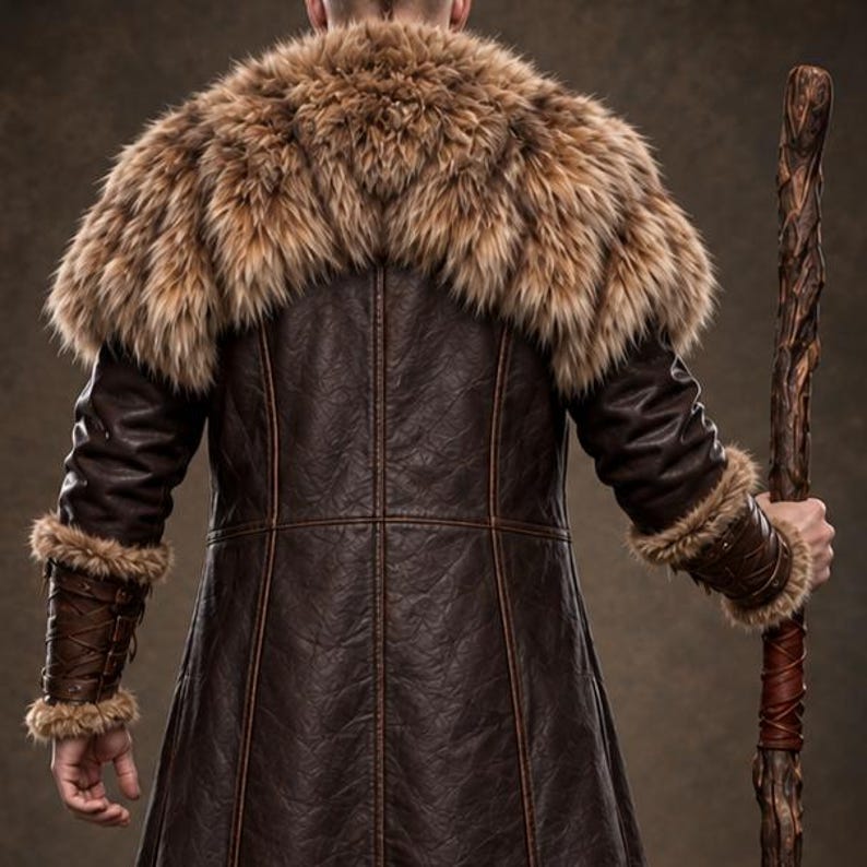 Men’s Viking warrior leather coat in rugged brown with a long medieval silhouette, wide synthetic faux fur collar, fur-trimmed cuffs and hem, front leather straps, metal buckle closures, and detailed stitched panels. The costume is styled over dark clothing for a bold Norse warrior look. Ideal for Viking cosplay, medieval LARP, Renaissance fairs, Halloween costumes, fantasy events, themed parties, stage performances, conventions, and dramatic medieval photoshoots.