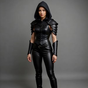 Black Leather Assassin Hooded Armor Dress, Fantasy Warrior Corset Costume for Women
