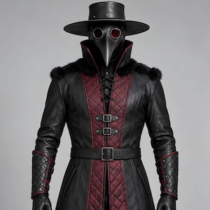 Front and back views of a handmade black and burgundy leather plague doctor costume featuring a long gothic coat, quilted red panels, lace-up chest, buckle closures, waist belt, fur-trimmed shoulders, high collar, split coat tails, matching leather bracers, black gloves, pants, tall boots, wide-brim hat, and classic beak mask with round red lenses. Ideal for Halloween cosplay, gothic steampunk events, Renaissance fairs, LARP, costume parties, stage performances, and dark fantasy looks.
