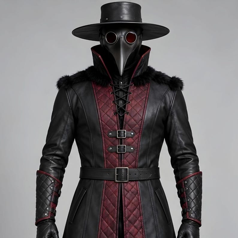 Front and back views of a handmade black and burgundy leather plague doctor costume featuring a long gothic coat, quilted red panels, lace-up chest, buckle closures, waist belt, fur-trimmed shoulders, high collar, split coat tails, matching leather bracers, black gloves, pants, tall boots, wide-brim hat, and classic beak mask with round red lenses. Ideal for Halloween cosplay, gothic steampunk events, Renaissance fairs, LARP, costume parties, stage performances, and dark fantasy looks.