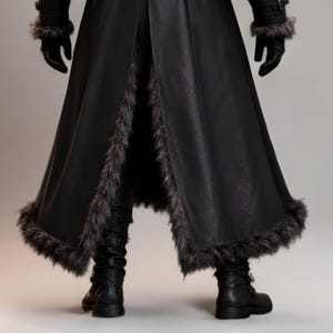 Black leather plague doctor costume with a deep hood, fur-trimmed shoulders, long gothic coat, layered front panels, adjustable leather straps, arm guards, and matching leather leg armor. Dark medieval fantasy outfit with a mysterious plague doctor aesthetic, ideal for Halloween, gothic cosplay, LARP events, horror parties, Renaissance fairs, conventions, theatrical performances, themed photoshoots, and dark fantasy events. Handmade with custom sizing and customization options available.