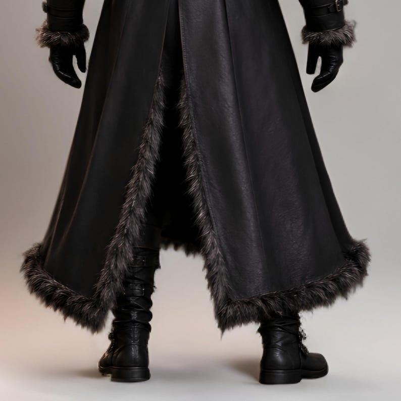 Black leather plague doctor costume with a deep hood, fur-trimmed shoulders, long gothic coat, layered front panels, adjustable leather straps, arm guards, and matching leather leg armor. Dark medieval fantasy outfit with a mysterious plague doctor aesthetic, ideal for Halloween, gothic cosplay, LARP events, horror parties, Renaissance fairs, conventions, theatrical performances, themed photoshoots, and dark fantasy events. Handmade with custom sizing and customization options available.