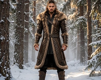 Viking Leather Fur Coat | Brown Medieval Norse Jacket | Halloween Costume | LARP Cosplay | Fantasy Outfit