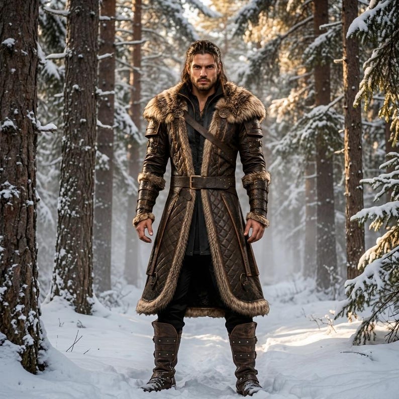 Viking Leather Fur Coat | Brown Medieval Norse Jacket | Halloween Costume | LARP Cosplay | Fantasy Outfit
