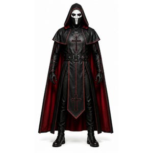 Black leather gothic priest costume with a deep hood, red-lined flowing cloak, structured front leather panels, cross-inspired detailing, wide waist belt, matching leather arm guards, and long sleeves. Dark medieval fantasy outfit designed for Halloween, gothic cosplay, LARP, horror events, conventions, theatrical performances, themed parties, and photoshoots. Handmade leather costume with custom sizing and customization options available.