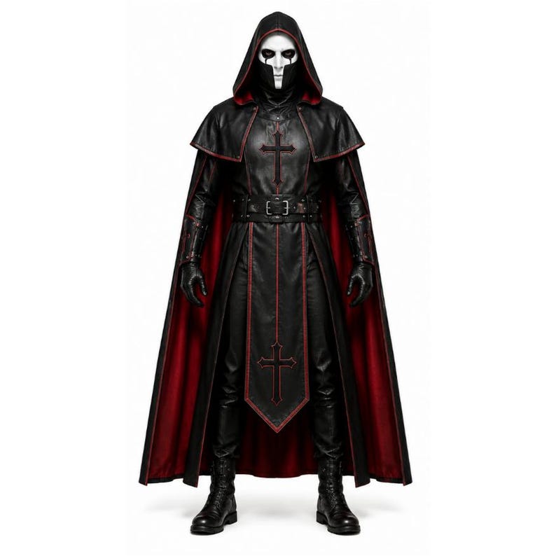 Black Leather Gothic Priest Costume | Long Cloak | Medieval Halloween Cosplay | LARP Dark Fantasy Outfit