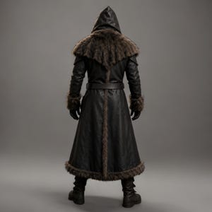 Black leather plague doctor coat with a dramatic fur-trimmed hood, shoulders, cuffs, front edges, and hem. Long medieval-inspired silhouette with lace-up front, wide adjustable leather belt, fitted sleeves, and dark gothic styling. Ideal for plague doctor cosplay, Halloween costume, LARP, Renaissance fairs, medieval festivals, fantasy events, gothic photoshoots, theatrical performances, and themed parties. Handmade leather costume coat with custom sizing available for a personalized fit.