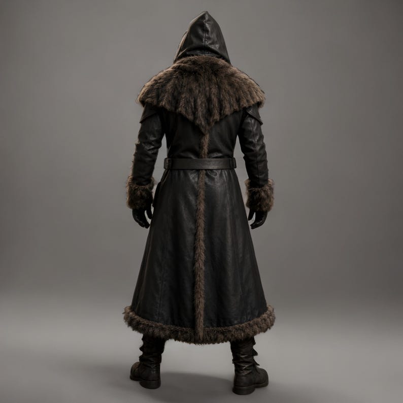 Black leather plague doctor coat with a dramatic fur-trimmed hood, shoulders, cuffs, front edges, and hem. Long medieval-inspired silhouette with lace-up front, wide adjustable leather belt, fitted sleeves, and dark gothic styling. Ideal for plague doctor cosplay, Halloween costume, LARP, Renaissance fairs, medieval festivals, fantasy events, gothic photoshoots, theatrical performances, and themed parties. Handmade leather costume coat with custom sizing available for a personalized fit.