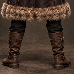 Men’s Viking warrior leather coat in rugged brown with a long medieval silhouette, wide synthetic faux fur collar, fur-trimmed cuffs and hem, front leather straps, metal buckle closures, and detailed stitched panels. The costume is styled over dark clothing for a bold Norse warrior look. Ideal for Viking cosplay, medieval LARP, Renaissance fairs, Halloween costumes, fantasy events, themed parties, stage performances, conventions, and dramatic medieval photoshoots.