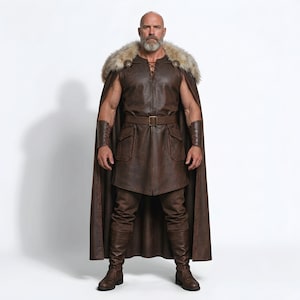 Men’s brown Viking leather tunic with a full-length matching cloak, large light fur shoulder collar, lace-up neckline, wide leather belt, front utility pockets, and matching leather forearm bracers. Front and back views show the sleeveless Norse warrior tunic and long flowing fur-trimmed cloak. Ideal for Viking cosplay, medieval LARP, Renaissance fairs, Halloween, fantasy conventions, stage costumes, and Norse warrior events.