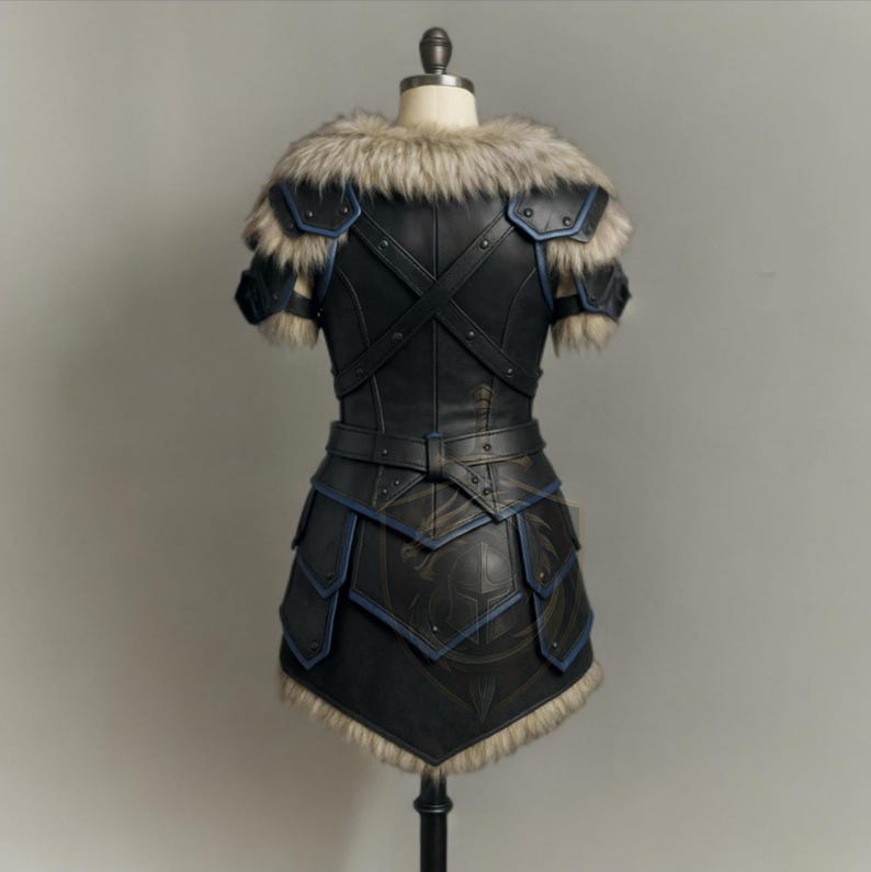 womens medieval leather armor, genuine leather cosplay set, dragon print chestplate, fur shoulder armor, blue trim armor dress, LARP viking warrior outfits, renaissance faire costume, fantasy armor for women, black leather body armor, adjustable buckle armor, handmade leather costume, gothic knight cosplay, historical reenactment gear, stage and theater armor, photography armor, custom size leather armor, dragon emblem armor, warrior queen outfit, faux fur shoulder pauldrons, layered skirt armor