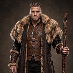 Men’s Viking warrior leather coat in rugged brown with a long medieval silhouette, wide synthetic faux fur collar, fur-trimmed cuffs and hem, front leather straps, metal buckle closures, and detailed stitched panels. The costume is styled over dark clothing for a bold Norse warrior look. Ideal for Viking cosplay, medieval LARP, Renaissance fairs, Halloween costumes, fantasy events, themed parties, stage performances, conventions, and dramatic medieval photoshoots.