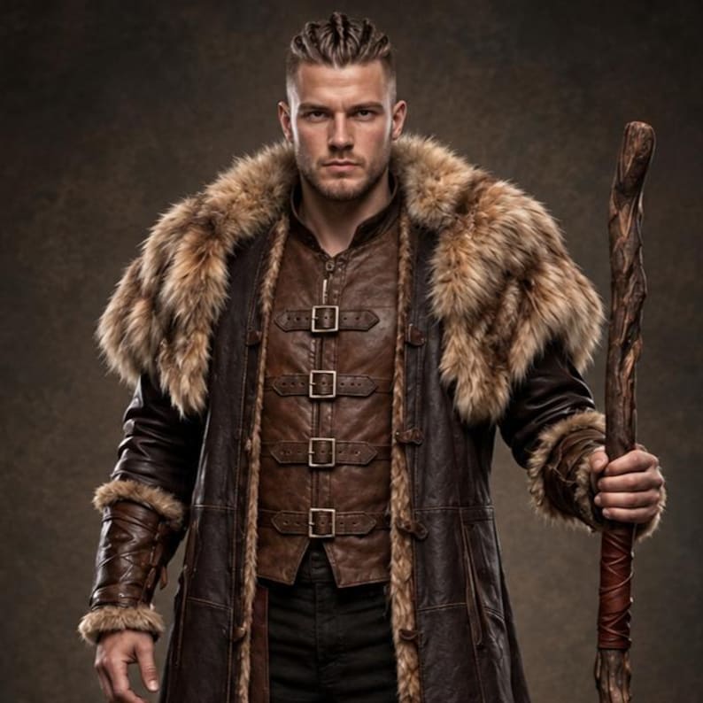 Men’s Viking warrior leather coat in rugged brown with a long medieval silhouette, wide synthetic faux fur collar, fur-trimmed cuffs and hem, front leather straps, metal buckle closures, and detailed stitched panels. The costume is styled over dark clothing for a bold Norse warrior look. Ideal for Viking cosplay, medieval LARP, Renaissance fairs, Halloween costumes, fantasy events, themed parties, stage performances, conventions, and dramatic medieval photoshoots.