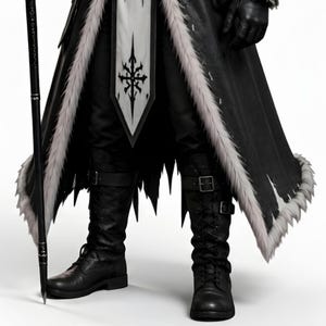 Men's Viking leather armor costume featuring a sleeveless lace-up inner leather vest and separate long-sleeve outer Viking coat with fur-trimmed shoulder armor. Medieval warrior design with adjustable straps, simple belt buckle, layered leather panels and rugged fur trim. Handmade LARP cosplay outfit for Halloween, winter events, Renaissance fairs, rave parties, fantasy conventions, medieval festivals and photoshoots. Custom sizing and customization available. Boots not included; matching boot