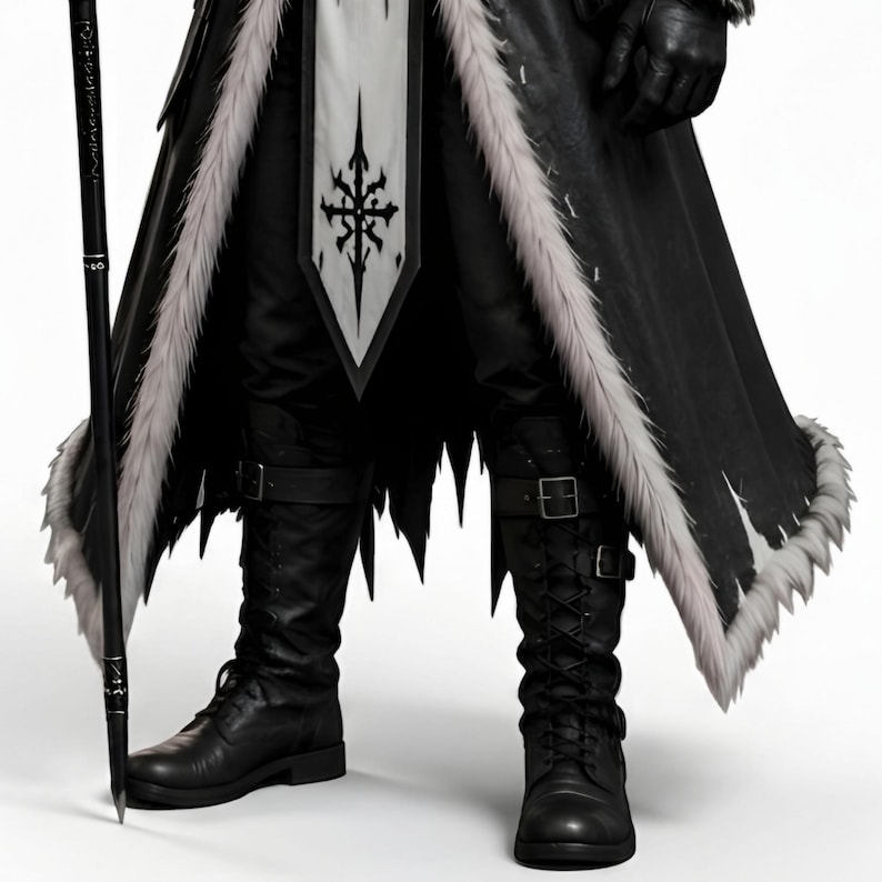 Men's Viking leather armor costume featuring a sleeveless lace-up inner leather vest and separate long-sleeve outer Viking coat with fur-trimmed shoulder armor. Medieval warrior design with adjustable straps, simple belt buckle, layered leather panels and rugged fur trim. Handmade LARP cosplay outfit for Halloween, winter events, Renaissance fairs, rave parties, fantasy conventions, medieval festivals and photoshoots. Custom sizing and customization available. Boots not included; matching boot