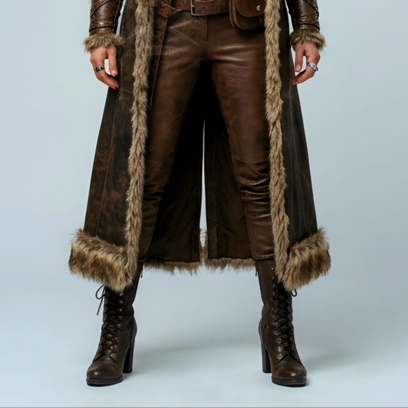 Women’s brown Viking leather fur coat costume featuring a dramatic fur-trimmed collar, long medieval warrior silhouette, fitted waist, front metal closures, leather belt, matching pants, wrist guards, and lace-up boots. Handmade Shieldmaiden-inspired outfit for Halloween, Viking cosplay, LARP events, Renaissance fairs, medieval festivals, fantasy conventions, Norse-themed parties, winter events, stage performances, warrior photoshoots, and custom made-to-measure costume styling for cosplay fans