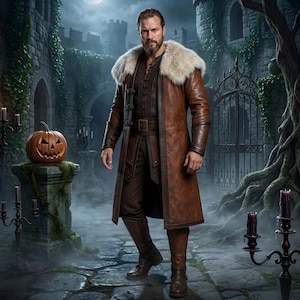 Front and back views of a handmade men’s brown leather Viking coat costume featuring a long medieval warrior design, wide cream fur shoulder collar, lace-up front, metal buckle closures, waist belt, dark leather trim, fitted sleeves, wrist guards, split coat hem, matching brown trousers, and tall leather boots. Rustic fantasy outfit inspired by Norse styles, ideal for Viking cosplay, Renaissance fairs, LARP events, Halloween costumes, stage performances, themed parties, and fantasy photoshoots.
