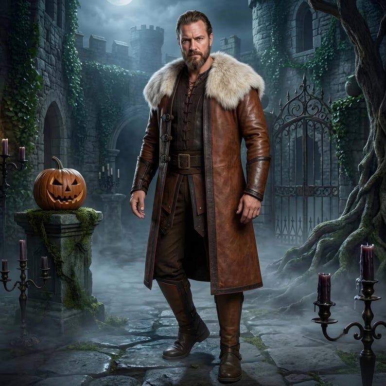 Men's Viking Warrior Costume | Medieval Brown Leather Coat With Fur Collar | Halloween Renaissance Cosplay