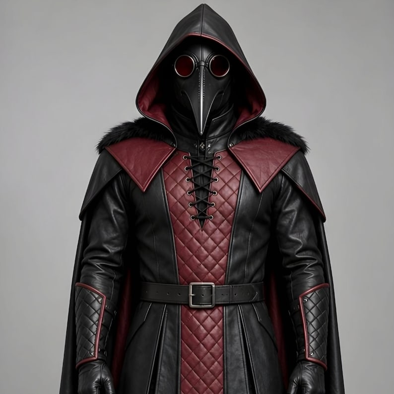 Men’s black and burgundy plague doctor leather costume featuring a long gothic hooded coat, quilted red leather chest panel, fur-trimmed shoulders, lace-up front closure, waist belt, matching leather bracers, gloves, and medieval-style detailing. Front and back views show the full-length dark fantasy coat with red accents, hood, shoulder armor, and flowing silhouette, ideal for Halloween, LARP, gothic cosplay, Renaissance fairs, and medieval fantasy events.