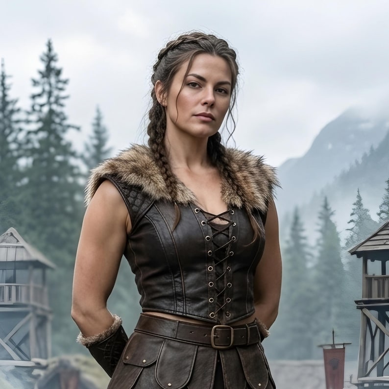 Women’s Viking shieldmaiden costume featuring a brown genuine leather lace-up bodice, soft fur-trimmed shoulders, adjustable waist belt, layered leather warrior skirt panels, matching arm guards, and tall brown boots. The full-body model stands in a misty medieval Norse village surrounded by wooden houses, watchtowers, mountains, campfires, and rustic scenery, creating a realistic Viking warrior look for LARP, cosplay, Renaissance fairs, and Halloween.
