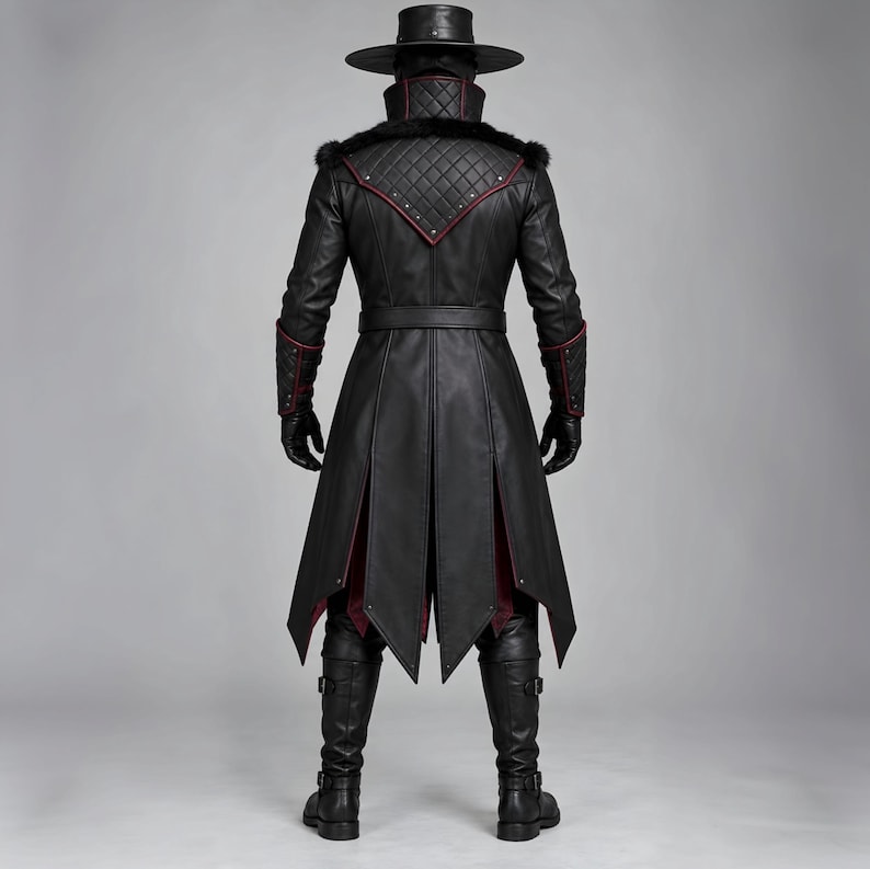 Front and back views of a handmade black and burgundy leather plague doctor costume featuring a long gothic coat, quilted red panels, lace-up chest, buckle closures, waist belt, fur-trimmed shoulders, high collar, split coat tails, matching leather bracers, black gloves, pants, tall boots, wide-brim hat, and classic beak mask with round red lenses. Ideal for Halloween cosplay, gothic steampunk events, Renaissance fairs, LARP, costume parties, stage performances, and dark fantasy looks.