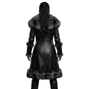 Women’s black Viking leather fur coat costume featuring a dramatic fur-trimmed collar, fitted lace-up front, long sleeves, structured cuffs, and a long medieval warrior silhouette. Handmade Shieldmaiden-inspired outfit for Halloween, Viking cosplay, LARP events, Renaissance fairs, medieval festivals, fantasy conventions, Gothic parties, winter events, stage performances, themed photoshoots, and Norse warrior looks. Custom sizing, color options, and made-to-order craftsmanship available for you.