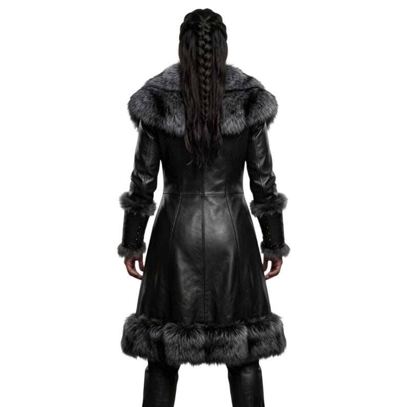 Women’s black Viking leather fur coat costume featuring a dramatic fur-trimmed collar, fitted lace-up front, long sleeves, structured cuffs, and a long medieval warrior silhouette. Handmade Shieldmaiden-inspired outfit for Halloween, Viking cosplay, LARP events, Renaissance fairs, medieval festivals, fantasy conventions, Gothic parties, winter events, stage performances, themed photoshoots, and Norse warrior looks. Custom sizing, color options, and made-to-order craftsmanship available for you.