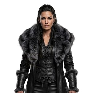 Women’s black Viking leather fur coat costume featuring a dramatic fur-trimmed collar, fitted lace-up front, long sleeves, structured cuffs, and a long medieval warrior silhouette. Handmade Shieldmaiden-inspired outfit for Halloween, Viking cosplay, LARP events, Renaissance fairs, medieval festivals, fantasy conventions, Gothic parties, winter events, stage performances, themed photoshoots, and Norse warrior looks. Custom sizing, color options, and made-to-order craftsmanship available for you.
