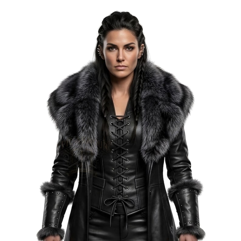 Women’s black Viking leather fur coat costume featuring a dramatic fur-trimmed collar, fitted lace-up front, long sleeves, structured cuffs, and a long medieval warrior silhouette. Handmade Shieldmaiden-inspired outfit for Halloween, Viking cosplay, LARP events, Renaissance fairs, medieval festivals, fantasy conventions, Gothic parties, winter events, stage performances, themed photoshoots, and Norse warrior looks. Custom sizing, color options, and made-to-order craftsmanship available for you.
