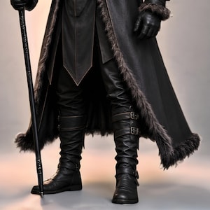 Black leather plague doctor costume with a deep hood, fur-trimmed shoulders, long gothic coat, layered front panels, adjustable leather straps, arm guards, and matching leather leg armor. Dark medieval fantasy outfit with a mysterious plague doctor aesthetic, ideal for Halloween, gothic cosplay, LARP events, horror parties, Renaissance fairs, conventions, theatrical performances, themed photoshoots, and dark fantasy events. Handmade with custom sizing and customization options available.
