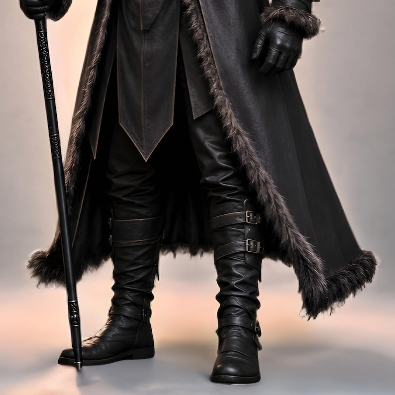 Black leather plague doctor costume with a deep hood, fur-trimmed shoulders, long gothic coat, layered front panels, adjustable leather straps, arm guards, and matching leather leg armor. Dark medieval fantasy outfit with a mysterious plague doctor aesthetic, ideal for Halloween, gothic cosplay, LARP events, horror parties, Renaissance fairs, conventions, theatrical performances, themed photoshoots, and dark fantasy events. Handmade with custom sizing and customization options available.