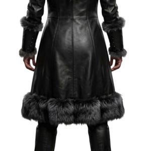 Women’s black Viking leather fur coat costume featuring a dramatic fur-trimmed collar, fitted lace-up front, long sleeves, structured cuffs, and a long medieval warrior silhouette. Handmade Shieldmaiden-inspired outfit for Halloween, Viking cosplay, LARP events, Renaissance fairs, medieval festivals, fantasy conventions, Gothic parties, winter events, stage performances, themed photoshoots, and Norse warrior looks. Custom sizing, color options, and made-to-order craftsmanship available for you.