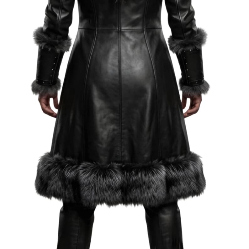 Women’s black Viking leather fur coat costume featuring a dramatic fur-trimmed collar, fitted lace-up front, long sleeves, structured cuffs, and a long medieval warrior silhouette. Handmade Shieldmaiden-inspired outfit for Halloween, Viking cosplay, LARP events, Renaissance fairs, medieval festivals, fantasy conventions, Gothic parties, winter events, stage performances, themed photoshoots, and Norse warrior looks. Custom sizing, color options, and made-to-order craftsmanship available for you.