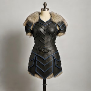 Women’s Medieval Leather Armor Set Fur Shoulders & Blue Trim | LARP Cosplay Viking Warrior Dress | Renaissance Faire Outfit | Halloween Wear
