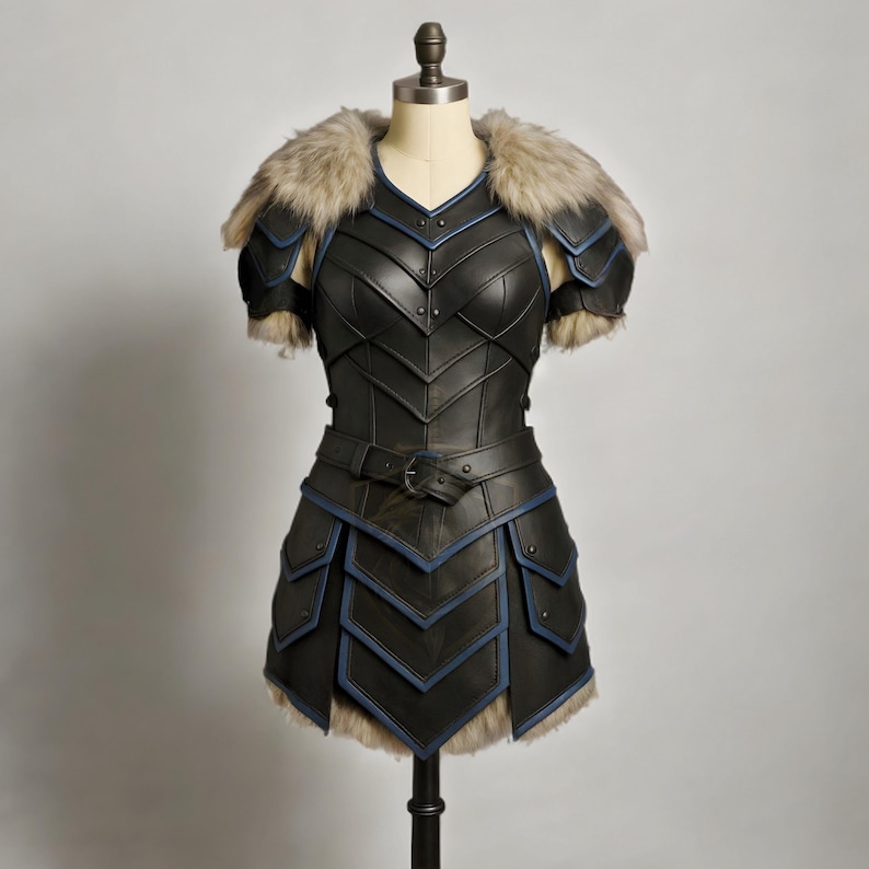 Women’s Medieval Leather Armor Set with Fur Shoulders | Blue Trim Viking Warrior Cosplay Dress