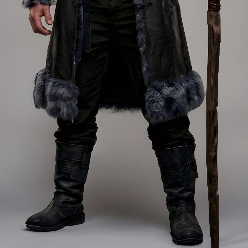 Black leather Viking armor costume with a long fur-trimmed medieval coat, sleeveless inner armor vest, layered leather panels, wide waist belt, fur-trimmed shoulders, long sleeves, adjustable straps, and matching leather leg armor. Rugged Norse-inspired outfit for men, ideal for Halloween, Viking cosplay, LARP, Renaissance fairs, medieval festivals, fantasy conventions, winter events, themed parties, and photoshoots. Handmade with custom sizing and customization options.