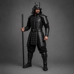 Black samurai armor costume featuring a dark Japanese warrior design with layered leather chest armor, shoulder guards, arm bracers, waist belt, front panels and leg guards. Detailed metal rivets and adjustable straps create a strong medieval LARP and cosplay look. Handmade black leather warrior armor for Halloween, cosplay conventions, Renaissance fairs, photoshoots and fantasy events. Custom sizing is available. Helmet, stick, weapon, footwear and other accessories are not included in photos.