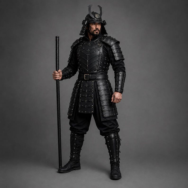 Handmade Black Samurai Costume | Leather Japanese LARP Outfit | Halloween Yoroi Knight Armour