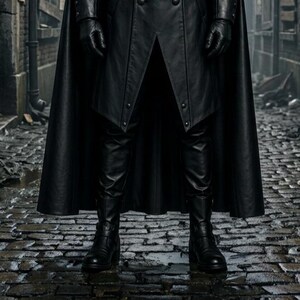 Men’s black leather Plague Doctor costume featuring a long double-breasted gothic coat, white fur shoulder collar, flowing black cape, matching leather pants, gloves, black boots, wide-brim hat, and classic beaked Plague Doctor mask. Full-body medieval dark fantasy outfit shown in an old plague-era street setting, ideal for Halloween cosplay, gothic events, LARP, Renaissance fairs, steampunk costumes, horror conventions, theater, and photoshoots.