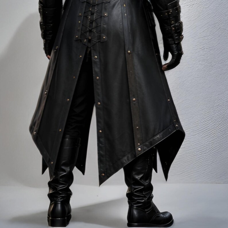 Black leather hooded warrior armor coat, dark gothic medieval fantasy outfit. Long silhouette with layered shoulder panels, attached hood, adjustable front buckles, detailed forearm sections, and full-length design. Genuine black leather, handmade, solid black color. Perfect for LARP, Renaissance fairs, Halloween cosplay, medieval festivals, photoshoots, stage performances, and themed events. Unisex medieval inspired warrior armor coat with strong tactical and fantasy warrior look.