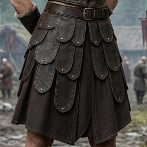 Women’s Viking shieldmaiden costume featuring a brown genuine leather lace-up bodice, soft fur-trimmed shoulders, adjustable waist belt, layered leather warrior skirt panels, matching arm guards, and tall brown boots. The full-body model stands in a misty medieval Norse village surrounded by wooden houses, watchtowers, mountains, campfires, and rustic scenery, creating a realistic Viking warrior look for LARP, cosplay, Renaissance fairs, and Halloween.