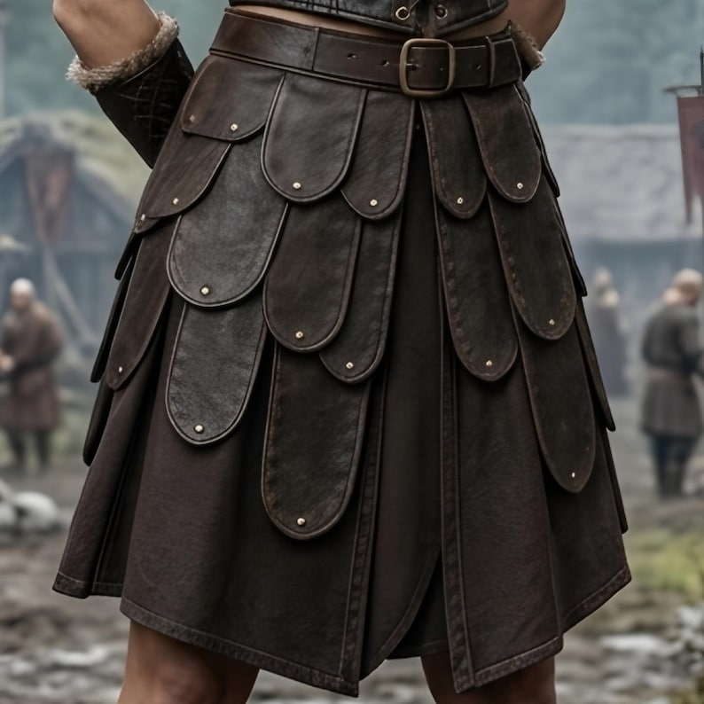 Women’s Viking shieldmaiden costume featuring a brown genuine leather lace-up bodice, soft fur-trimmed shoulders, adjustable waist belt, layered leather warrior skirt panels, matching arm guards, and tall brown boots. The full-body model stands in a misty medieval Norse village surrounded by wooden houses, watchtowers, mountains, campfires, and rustic scenery, creating a realistic Viking warrior look for LARP, cosplay, Renaissance fairs, and Halloween.