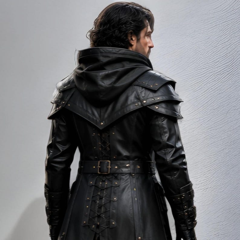 Black leather hooded warrior armor coat, dark gothic medieval fantasy outfit. Long silhouette with layered shoulder panels, attached hood, adjustable front buckles, detailed forearm sections, and full-length design. Genuine black leather, handmade, solid black color. Perfect for LARP, Renaissance fairs, Halloween cosplay, medieval festivals, photoshoots, stage performances, and themed events. Unisex medieval inspired warrior armor coat with strong tactical and fantasy warrior look.