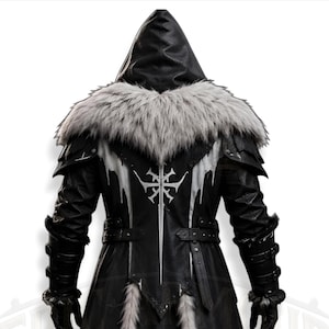 Men's Viking leather armor costume featuring a sleeveless lace-up inner leather vest and separate long-sleeve outer Viking coat with fur-trimmed shoulder armor. Medieval warrior design with adjustable straps, simple belt buckle, layered leather panels and rugged fur trim. Handmade LARP cosplay outfit for Halloween, winter events, Renaissance fairs, rave parties, fantasy conventions, medieval festivals and photoshoots. Custom sizing and customization available. Boots not included; matching boot