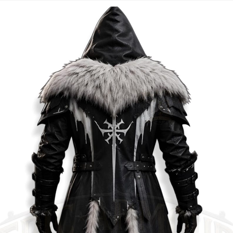 Men's Viking leather armor costume featuring a sleeveless lace-up inner leather vest and separate long-sleeve outer Viking coat with fur-trimmed shoulder armor. Medieval warrior design with adjustable straps, simple belt buckle, layered leather panels and rugged fur trim. Handmade LARP cosplay outfit for Halloween, winter events, Renaissance fairs, rave parties, fantasy conventions, medieval festivals and photoshoots. Custom sizing and customization available. Boots not included; matching boot