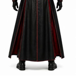 Black leather gothic priest costume with a deep hood, red-lined flowing cloak, structured front leather panels, cross-inspired detailing, wide waist belt, matching leather arm guards, and long sleeves. Dark medieval fantasy outfit designed for Halloween, gothic cosplay, LARP, horror events, conventions, theatrical performances, themed parties, and photoshoots. Handmade leather costume with custom sizing and customization options available.