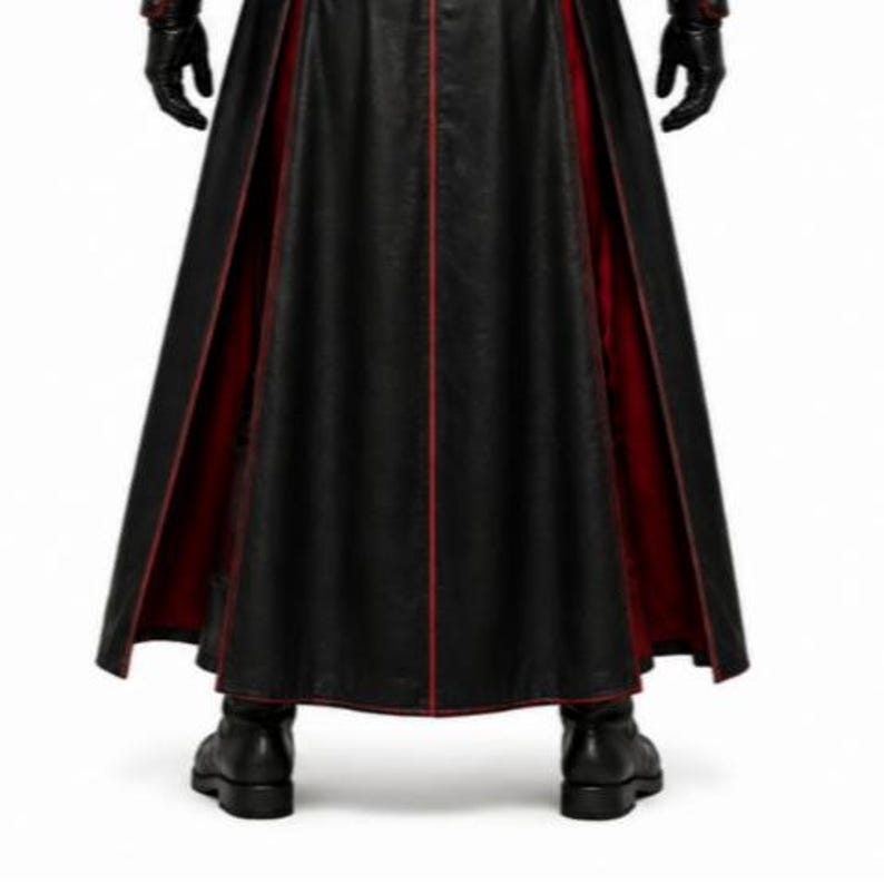 Black leather gothic priest costume with a deep hood, red-lined flowing cloak, structured front leather panels, cross-inspired detailing, wide waist belt, matching leather arm guards, and long sleeves. Dark medieval fantasy outfit designed for Halloween, gothic cosplay, LARP, horror events, conventions, theatrical performances, themed parties, and photoshoots. Handmade leather costume with custom sizing and customization options available.