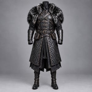 May include: A black quilted long coat featuring a large faux fur collar, multiple buckled straps across the chest, and integrated pouches at the waist. The garment includes matching forearm bracers and tall buckled boots, creating a structured, layered appearance with metallic hardware accents throughout the design.