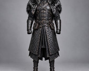 Men’s Black Viking Leather Armour Coat | Faux Fur Norse Warrior Medieval LARP Renaissance Costume